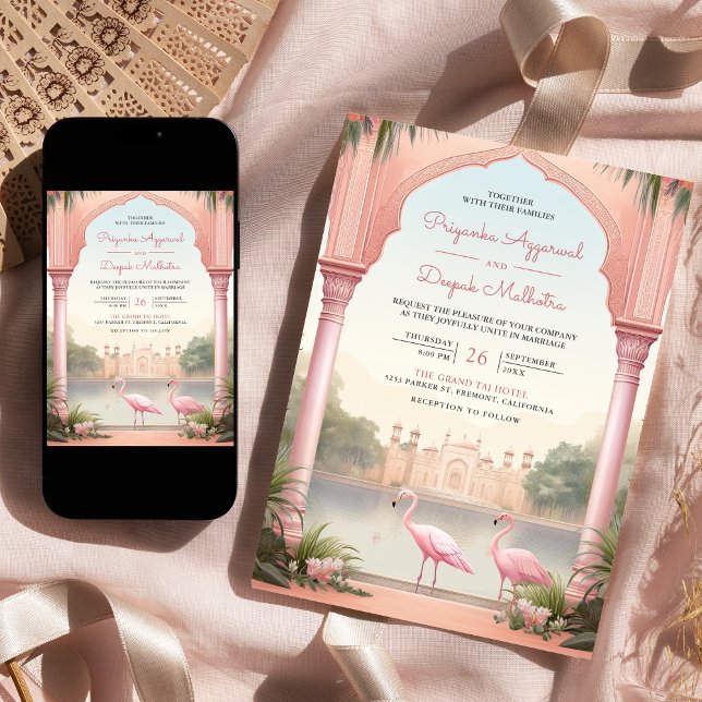 Elegant Pink Flamingos Indian Palace Arch Wedding Invitation (Creator Uploaded)