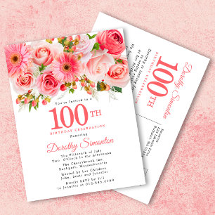 Elegant Pink Floral 100th Birthday Invitation Postcard