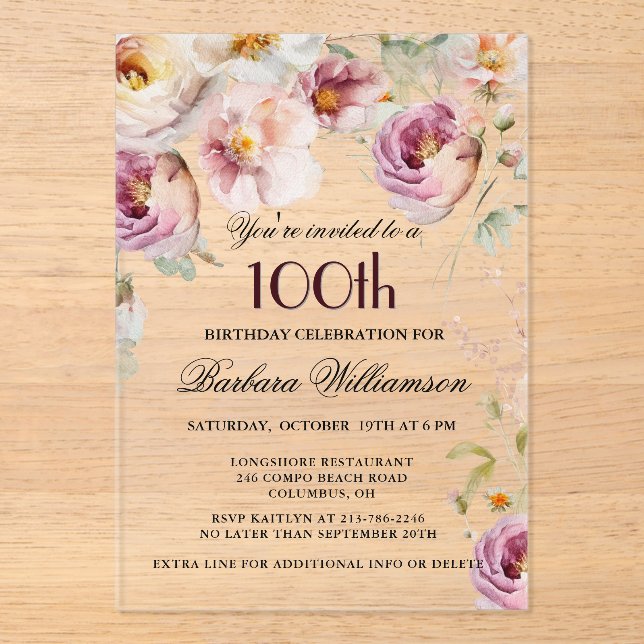 Elegant Pink Floral 100th Birthday Party Acrylic Invitations (Front)