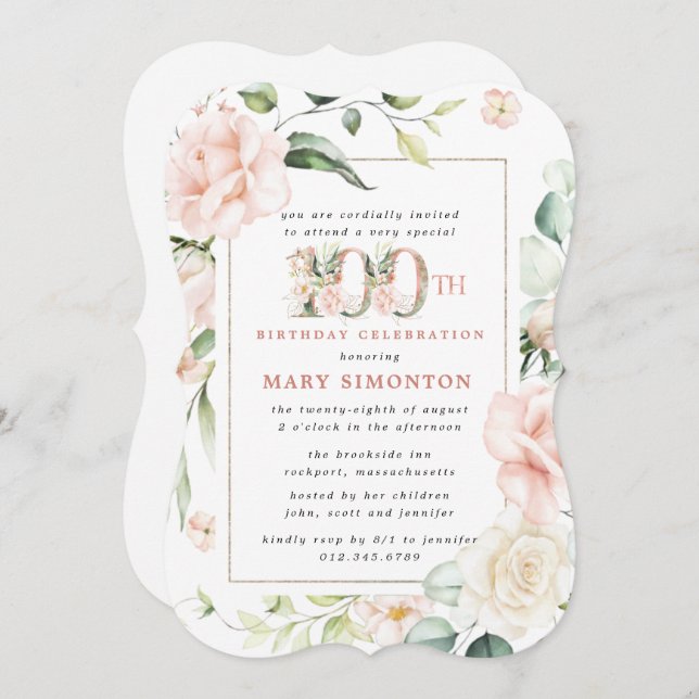 Elegant Pink Floral 100th Birthday Party Invitatio Invitation (Front/Back)