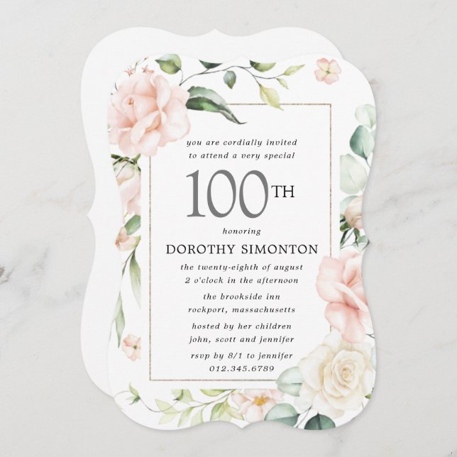 Elegant Pink Floral 100th Birthday Party Invitation (Front/Back)