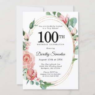 Elegant Pink Floral 100th Birthday Party Invitation