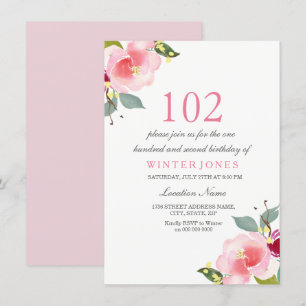 Elegant Pink Floral 102nd Birthday Party Invite