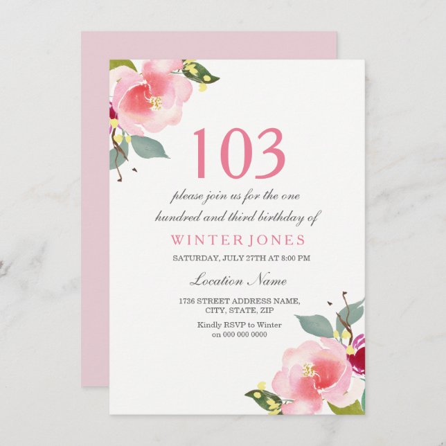 Elegant Pink Floral 103rd Birthday Party Invite (Front/Back)