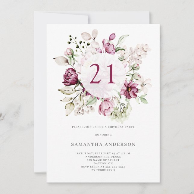 Elegant Pink Floral 21st Birthday Party  Invitation (Front)