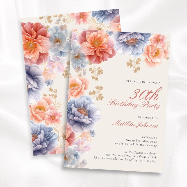 Elegant Pink Floral 30th Birthday Invitation (Elegant Pink Floral 30th Birthday Invitation)