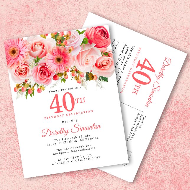 Elegant Pink Floral 40th Birthday Invitation Postcard (Creator Uploaded)