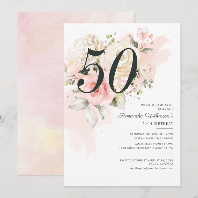 Elegant Pink Floral 50th Birthday Party Invitation (Front/Back)