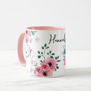 Elegant Pink Floral 50th Birthday Two-Tone Name Mug