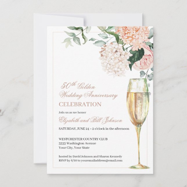 Elegant Pink Floral 50th Wedding Anniversary Invitation (Front)