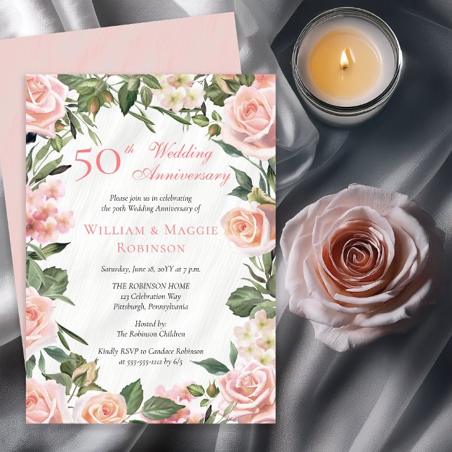 Elegant Pink Floral 50th Wedding Anniversary Party Invitation (Elegant Pink Roses Floral Frame 50th Wedding Anniversary Party Invitation - Print | Digital Download)