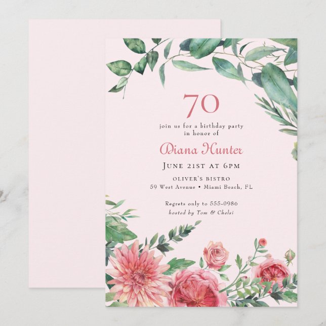 Elegant Pink Floral 70th Birthday Party  Invitation (Front/Back)