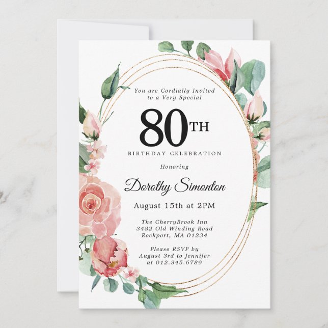 Elegant Pink Floral 80th Birthday Party Invitation (Front)