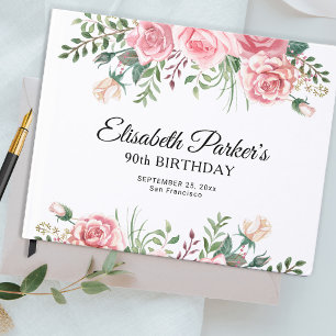 Elegant pink floral 90th birthday party  guest book
