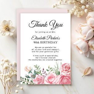 Elegant pink floral 90th birthday party thank you card