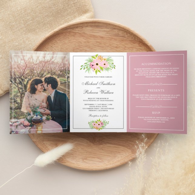 Elegant Pink Floral All in One Photo Wedding Tri-Fold Invitation (Creator Uploaded)