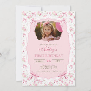 Elegant Pink Floral and Bow Girl Birthday Invitation