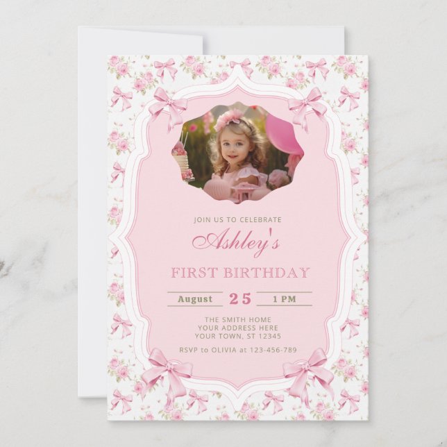 Elegant Pink Floral and Bow Girl Birthday Invitation (Front)