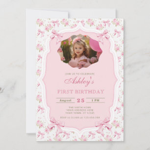 Elegant Pink Floral and Bow Girl Birthday Invitation