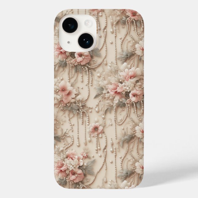 Elegant Pink Floral and Cascading White Pearls Lux Case-Mate iPhone Case (Back)