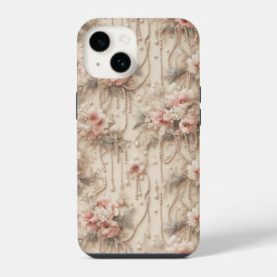 Elegant Pink Floral and Cascading White Pearls Lux iPhone 14 Case