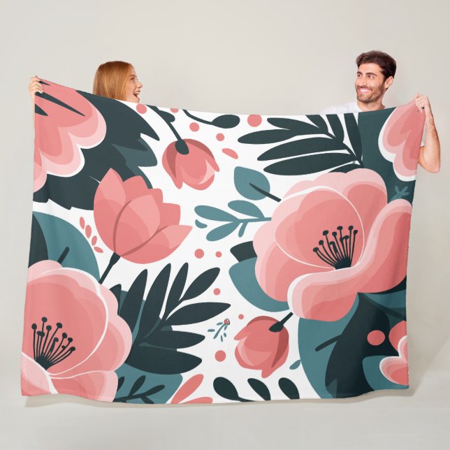 Elegant Pink Floral and deep Green leaves Fleece Blanket (In Situ)