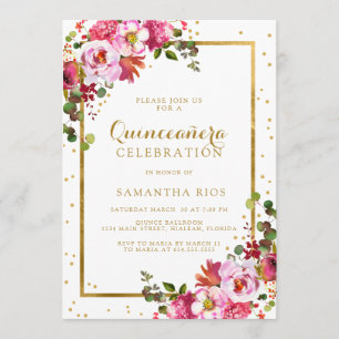 Elegant Pink Floral and Golden Frame Quinceanera Invitation