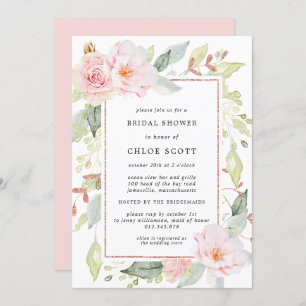Elegant Pink Floral and Rose Gold Bridal Shower Invitation