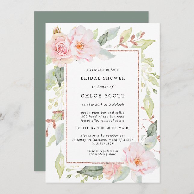 Elegant Pink Floral and Rose Gold Bridal Shower Invitation (Front/Back)