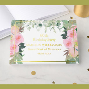Elegant Pink Floral Any Year Birthday Gold Foil  Guest Book