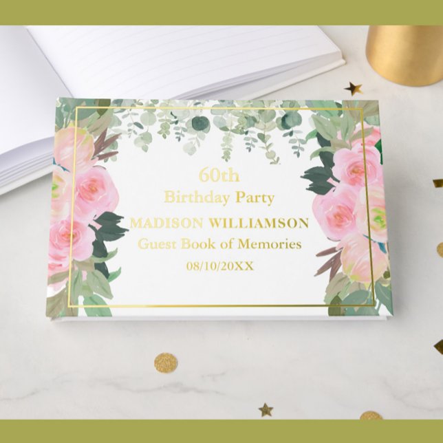 Elegant Pink Floral Any Year Birthday Gold Foil  Guest Book (Creator Uploaded)