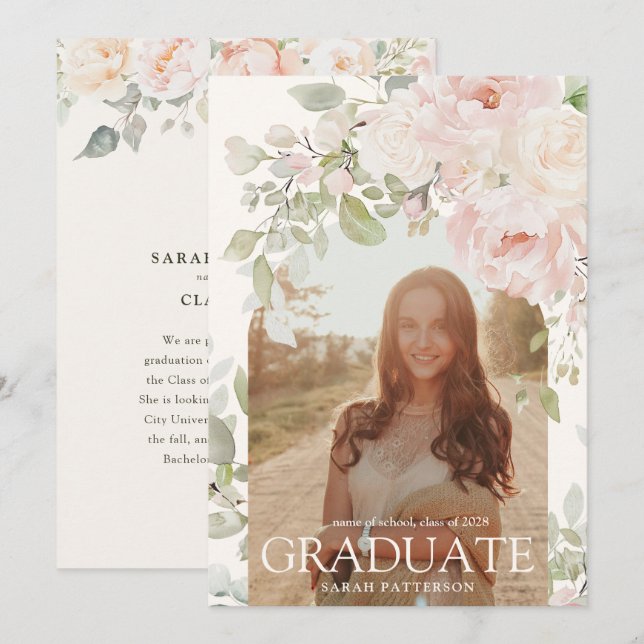 Elegant Pink Floral Arch Photo Graduation  Announcement (Front/Back)