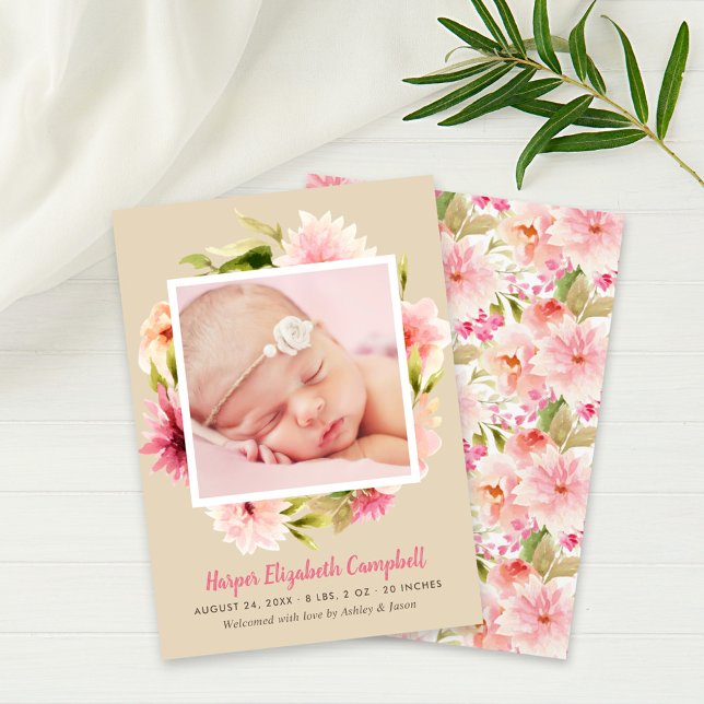 Elegant Pink Floral Baby Girl Photo Beige Birth Announcement (Creator Uploaded)