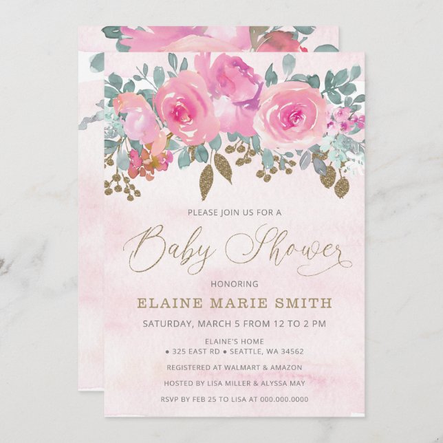 Elegant Pink Floral Baby in Bloom Baby Shower  Invitation (Front/Back)