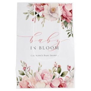 Elegant Pink Floral Baby In Bloom Girl Baby Shower Medium Gift Bag