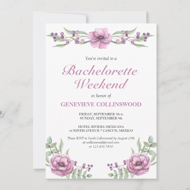 Elegant Pink Floral Bachelorette Weekend Itinerary Invitation (Front)