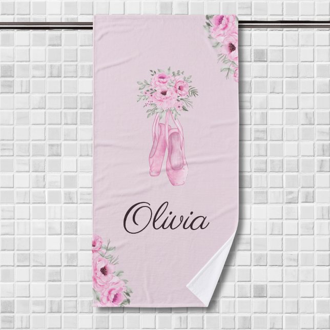 Elegant Pink Floral Ballerina Personalised Name Bath Towel (Creator Uploaded)