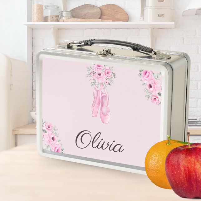 Elegant Pink Floral Ballerina Personalised Name Metal Lunch Box (Creator Uploaded)