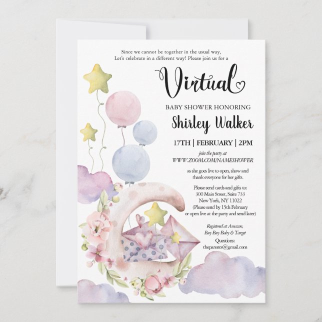 Elegant Pink Floral Balloons Virtual Baby Shower Invitation (Front)