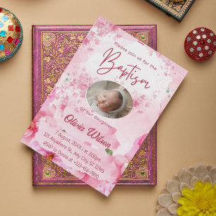 Elegant Pink Floral Baptism Invitation for Baby