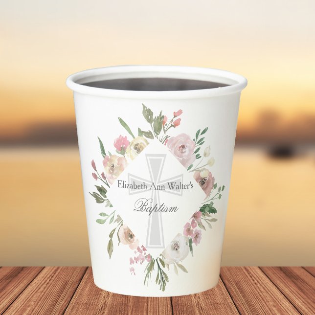 Elegant Pink Floral Baptism Religious Custom Party Paper Cups (Creator Uploaded)
