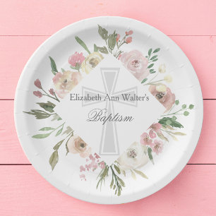 Elegant Pink Floral Baptism Religious Custom Party Paper Plate
