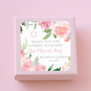 Elegant Pink Floral Bat Mitzvah Party Custom Square Sticker