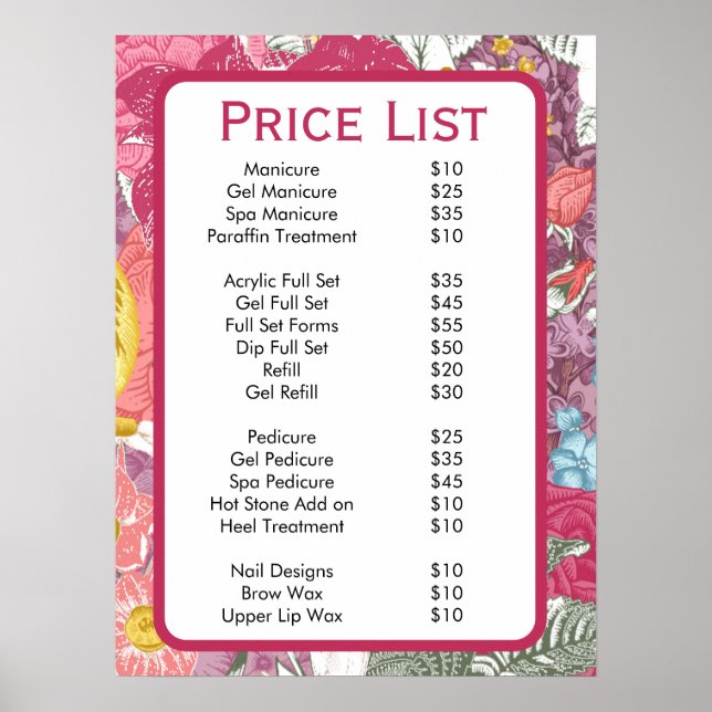 Elegant pink Floral Beauty Salon Menu  Poster (Front)
