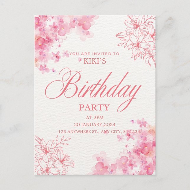 Elegant Pink Floral Birthday Invitation (Front)