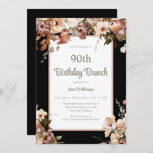 Elegant Pink Floral Black 90th Birthday Brunch Invitation