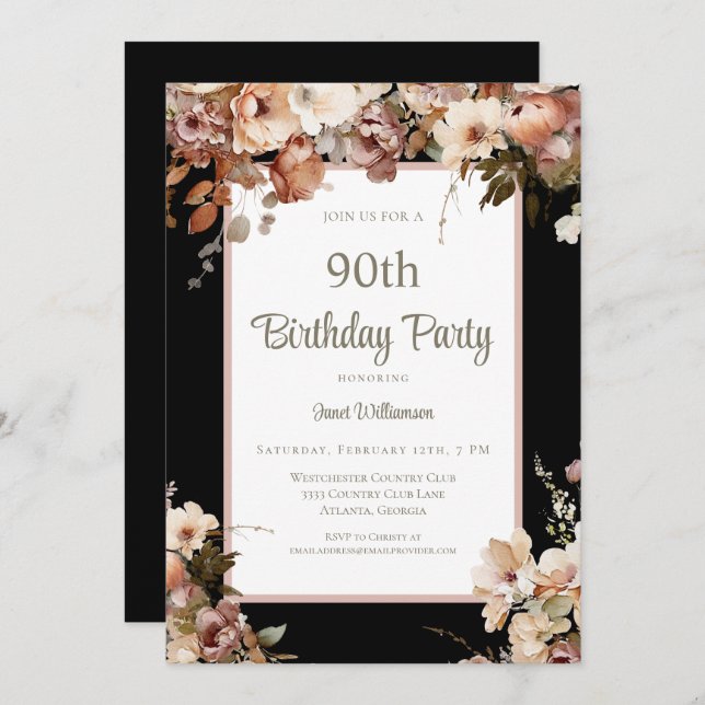Elegant Pink Floral Black 90th Birthday Invitation (Front/Back)