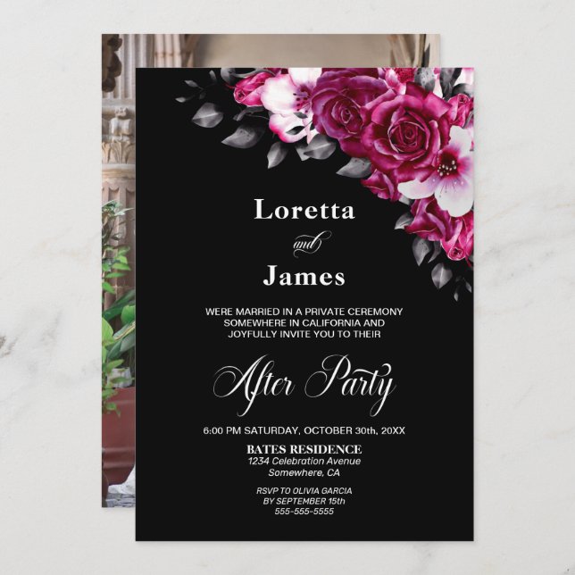 Elegant Pink Floral Black Wedding Reception Invitation (Front/Back)