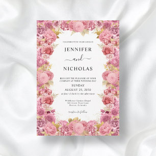 Elegant Pink Floral Border Boho Wedding Invitation