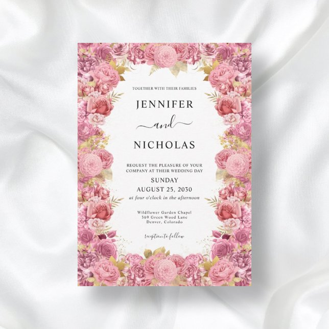 Elegant Pink Floral Border Boho Wedding Invitation (Creator Uploaded)